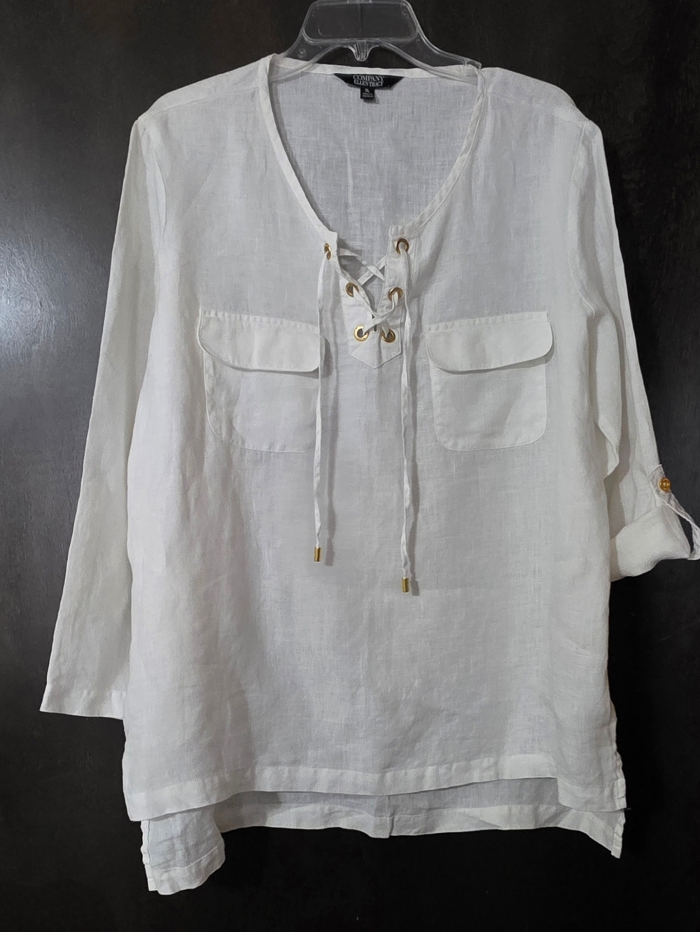 Ellen Tracy White Lace-Up Linen Tunic Top Hi-Lo 2 Pocket Front Women's Size XL